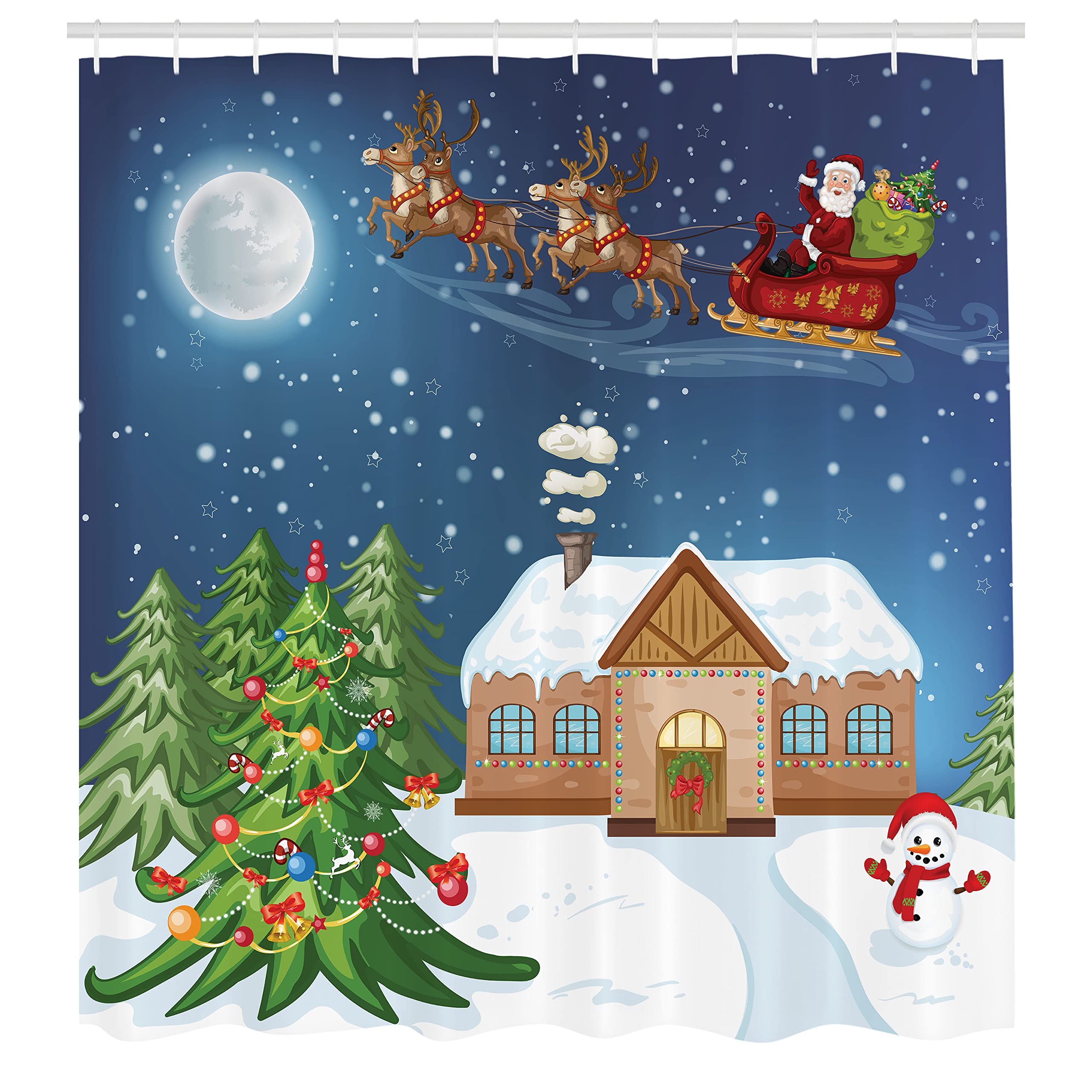 Ambesonne Christmas Shower Curtain, Classical Xmas Scenery Santa Delivering Presents Rudolf The Red Nosed Reindeer, Cloth Fabric